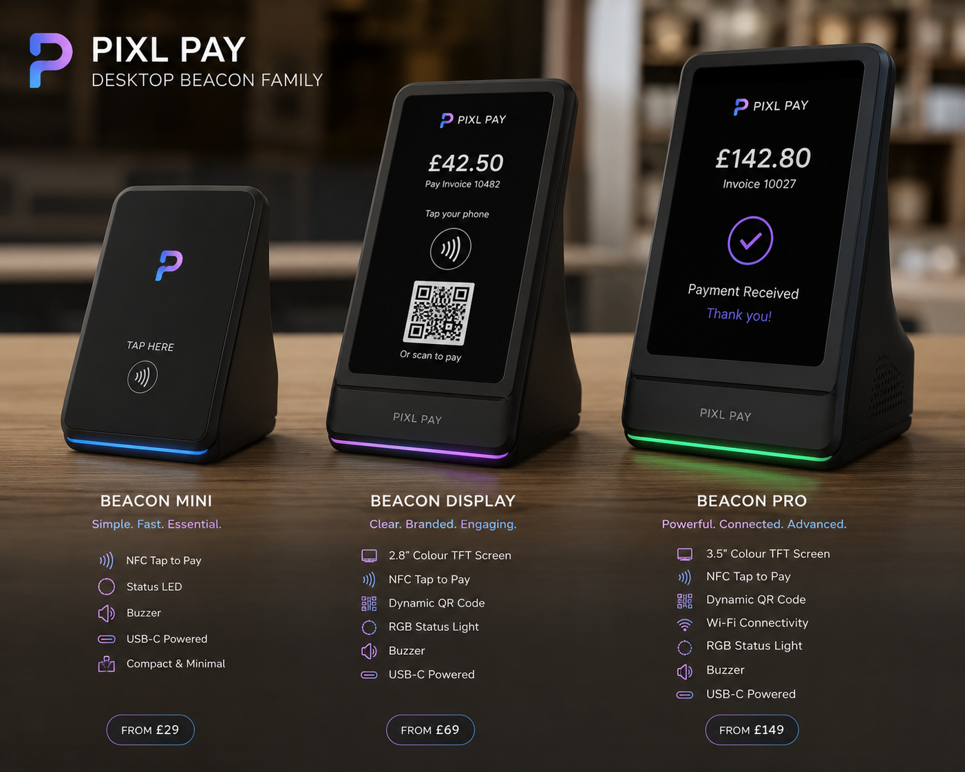 Pixl Pay Desktop Beacon family: Beacon Mini, Beacon Display, and Beacon Pro on a counter