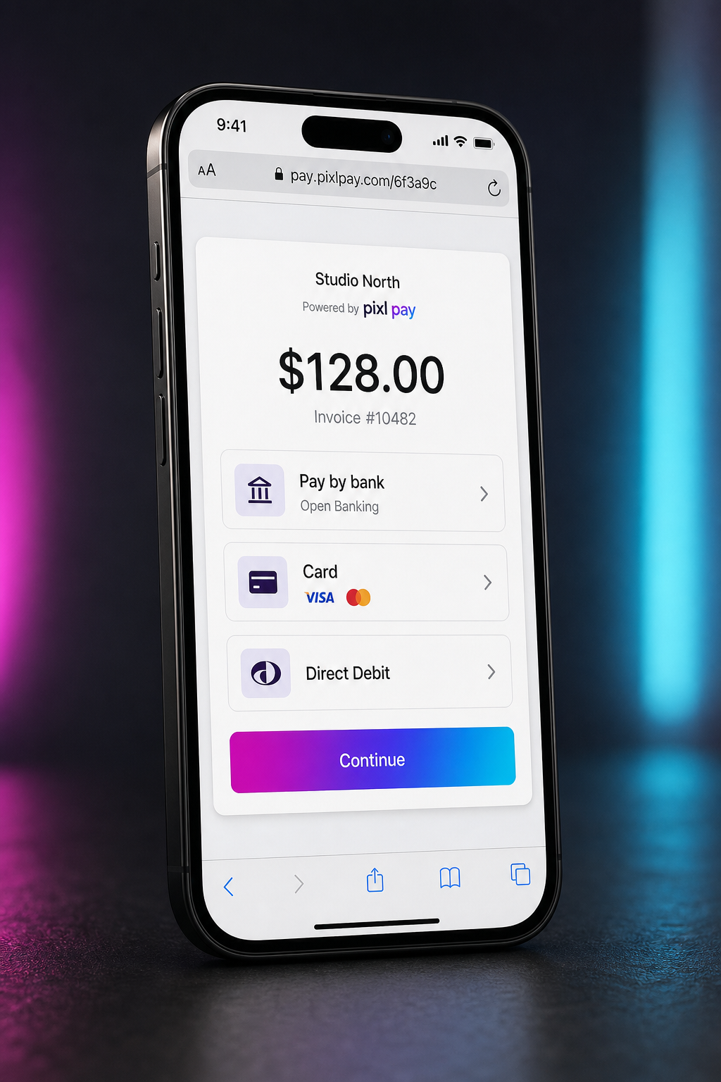iPhone showing a pixl pay checkout with Open Banking, card, and Direct Debit options
